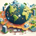 Illustration einer Erdkugel, umgeben von Server-Türmen, Bäumen und Solarmodulen, die durch ein globales Datennetz verbunden sind.