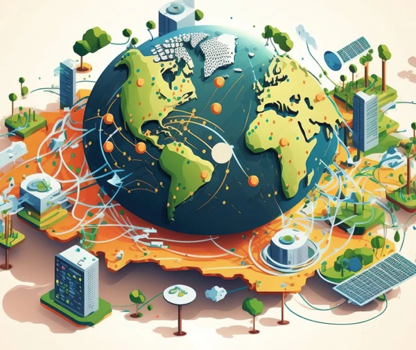Illustration einer Erdkugel, umgeben von Server-Türmen, Bäumen und Solarmodulen, die durch ein globales Datennetz verbunden sind.